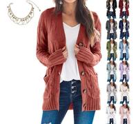 Mlthcig Women's Fall Casual Long Sleeve Button Down Open Front Cable Knit Cardigan Autumn Midi-Length Sweater Knitted Pockets(Brick Red,Large)