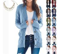 Mlthcig Women's Fall Casual Long Sleeve Button Down Open Front Cable Knit Cardigan Autumn Midi-Length Sweater Knitted Pockets(Blue,S)