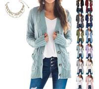 Mlthcig Women's Fall Casual Long Sleeve Button Down Open Front Cable Knit Cardigan Autumn Midi-Length Sweater Knitted Pockets(Light Blue,Large)