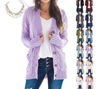 Mlthcig Women's Fall Casual Long Sleeve Button Down Open Front Cable Knit Cardigan Autumn Midi-Length Sweater Knitted Pockets(Purple,Large)