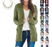 Mlthcig Women's Fall Casual Long Sleeve Button Down Open Front Cable Knit Cardigan Autumn Midi-Length Sweater Knitted Pockets(Army Green,Large)