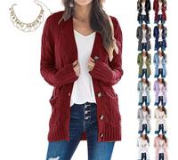 Mlthcig Women's Fall Casual Long Sleeve Button Down Open Front Cable Knit Cardigan Autumn Midi-Length Sweater Knitted Pockets(Wine Red,Large)