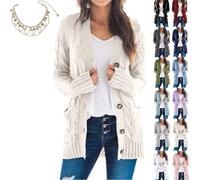 Mlthcig Women's Fall Casual Long Sleeve Button Down Open Front Cable Knit Cardigan Autumn Midi-Length Sweater Knitted Pockets(Caqui,M)