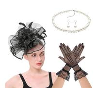 MLWSKERTY 1920s Feathered Veil Headband Necklace Earring Gloves 1920s Costume Accessories Set for Women Halloween Wedding Proms Gothic Role Play Accessories
