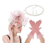 MLWSKERTY 1920s Feathered Veil Headband Necklace Earring Gloves 1920s Costume Accessories Set for Women Halloween Wedding Proms Gothic Role Play Accessories