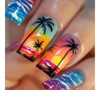 MLWSKERTY 24 uñas cuadradas a presión con diseño de palmera de playa, material ABS, estilo moderno, patrón floral, puntas de pozo completo, acabado brillante