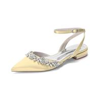 MlYJmer ,Amarillo,37 EU, Zapatos de Novia Planos de satén para Mujer con Punta en Punta y Correa en el Tobillo con Piedras de imitación, para la Novia, Fiesta de Boda y Velada