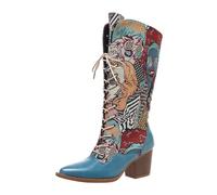 MlYJmer Botas Vaqueras de Media Pantorrilla con Cordones, Informales, Bordadas y de tacón Alto para Mujer,Azul,39 EU