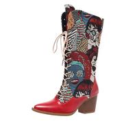MlYJmer Botas Vaqueras de Media Pantorrilla con Cordones, Informales, Bordadas y de tacón Alto para Mujer,Rojo,39 EU
