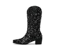 MlYJmer Botas Vaqueras Occidentales con Lentejuelas para Mujer, Brillo, hasta la Mitad de la Pantorrilla, tacón Grueso,Negro,39 EU