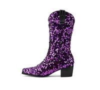 MlYJmer Botas Vaqueras Occidentales con Lentejuelas para Mujer, Brillo, hasta la Mitad de la Pantorrilla, tacón Grueso,Púrpura,39.5 EU