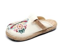 MlYJmer Mujer Casual Lino Bordado Mules Zapatillas Planas Verano señoras Lona cómoda Zapatos de Alpargata,Blanca,39 EU