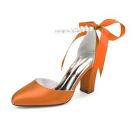 MlYJmer Naranja,37 EU, Zapatos de Novia de Satén con Tacón de Perla para Mujer Zapatos de Tacón Cuadrado para Novia Zapatos para Fiesta de Boda y Graduación