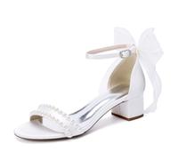 MlYJmer Sandalias de Boda de tacón Bloque de satén para Mujer con Perlas, Zapatos de Novia, Sandalias de Vestir de Punta Abierta para Novia, Fiesta, Baile de promoción y Velada