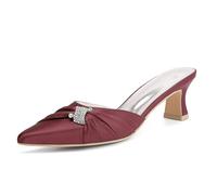 MlYJmer Tacones Mule de Satén para Mujer, Zapatos de Boda Nupciales con Punta y Piedras Brillantes, Tacón Medio Cuadrado,Burgundy,36 EU