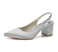 MlYJmer Zapatos de Novia de Mujer, Tacones Tipo Pump con Punta Puntiaguda y Tira Trasera, Tacones Gruesos, Zapatos de Boda para Baile de graduación y Fiesta Nocturna,Plata,36 EU