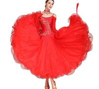 MLYYX Bordado Brillante Vestidos De Baile De Salón Sin Tirantes Traje De Actuación Moderno Vals Tango Manga Larga Vestido De Competición Gran Columpio Faldas,Rojo,M