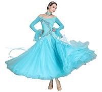 MLYYX Bordado Brillante Vestidos De Baile De Salón Sin Tirantes Traje De Actuación Moderno Vals Tango Manga Larga Vestido De Competición Gran Columpio Faldas,Light Blue,L