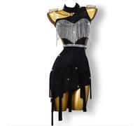 MLYYX Disfraces Brillantes De Competición De Baile Latino para Mujer Halter Cha Cha Foxtrot Ropa De Baile De Alto Rendimiento Faldas Profesionales De Tango De Salón con Flecos para Rumba Samba,A,3XS
