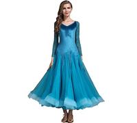 MLYYX Ropa De Baile De Vals con Escote En V Vestidos De Salón De Encaje De Manga Larga para Mujer Falda De Tango Ropa De Baile Moderno Sencilla para Presentaciones,Azul,XL