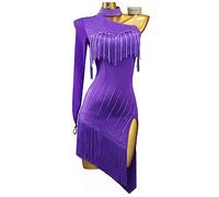 MLYYX Traje de Baile de salón Latino de una Manga Vestido de Baile de Tango con Flecos Traje Brillante de competición Cha Cha Ropa de Baile de Salsa sin Espalda para Mujer,A,S