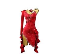 MLYYX Vestido de Baile Latino Salsa con Cuello en V para Mujer Traje de Baile de salón de Tango de una Sola Manga Disfraces de competición Hollow Cha Cha Ropa de Baile Moderna con pedrería,Winered,L