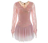 MLYYX Vestido De Competición De Patinaje Artístico Flor Hecha A Mano Vestido De Rendimiento De Patinaje sobre Hielo De Manga Larga De Encaje para Niñas Ropa De Entrenamiento Profesional,H,XXL