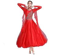 MLYYX Vestidos De Baile De Salón con Bordado Profesional Vestido De Competición De Vals con Escote En V para Mujer Ropa De Baile Moderno Estándar De Manga Larga,Rojo,L