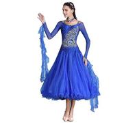 MLYYX Vestidos De Baile De Salón con Bordado Profesional Vestido De Competición De Vals con Escote En V para Mujer Ropa De Baile Moderno Estándar De Manga Larga,Azul,S
