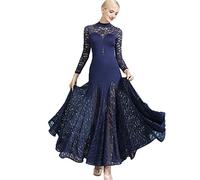 MLYYX Vestidos De Baile De Salón De Encaje para Mujer Traje De Rendimiento De Manga Larga De Vals Moderno Tango Vestido De Entrenamiento De Una Línea Gran Falda De Baile Swing,Dark Blue,XL