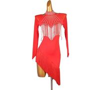MLYYX Vestidos de Entrenamiento Latino con borlas Traje de práctica de Baile Cha Cha Traje de actuación de Salsa Vestido de Baile de salón de Manga Larga para Mujer,Rojo,3XL
