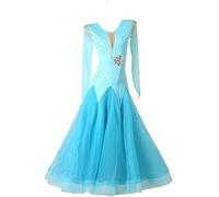 MLYYX Vestidos De Salón con Cuello Redondo para Mujer Ropa De Vals con Empalme De Malla Falda De Tango Moderna De Manga Larga con Pedrería,Azul,XL