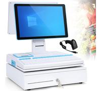 MLYYYDSS Caja registradora electrónica, Pantalla táctil LED de 15,6", Terminal de Punto de Venta con escáner portátil, Teclado de 101 Teclas, Impresora térmica de 58 mm White-DualScreen