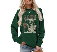 MLZHAN Sudadera de manga larga con estampado de Staying Alive para mujer, diseño de esqueleto divertido para beber café, Verde(Vintage Green), Large
