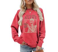MLZHAN Sudadera de manga larga con estampado de Staying Alive para mujer, diseño de esqueleto divertido para beber café, Rojo, L