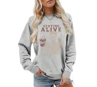 MLZHAN Sudadera de manga larga con estampado de Staying Alive para mujer, diseño de esqueleto divertido para beber café, gris, L