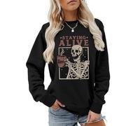 MLZHAN Sudadera de manga larga con estampado de Staying Alive para mujer, diseño de esqueleto divertido para beber café, Negro, L