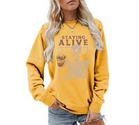 MLZHAN Sudadera de manga larga con estampado de Staying Alive para mujer, diseño de esqueleto divertido para beber café, Amarillo, L