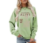 MLZHAN Sudadera de manga larga con estampado de Staying Alive para mujer, diseño de esqueleto divertido para beber café, Verde oliva, Large