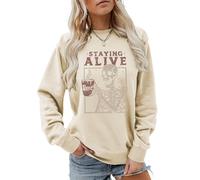 MLZHAN Sudadera de manga larga con estampado de Staying Alive para mujer, diseño de esqueleto divertido para beber café, Beige, L