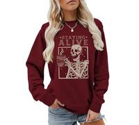 MLZHAN Sudadera de manga larga con estampado de Staying Alive para mujer, diseño de esqueleto divertido para beber café, rojo vino, L