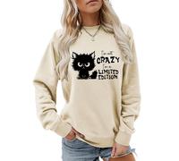 MLZHAN Sudadera de manga larga para mujer, diseño de gato con texto en inglés "I'm Not Crazy I'm Limited Edition", Beige, Large