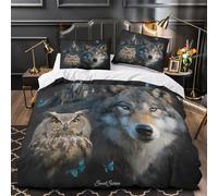 MMDASBVPE Lobo con búho Funda de Edredón Microfibra de poliéster 3 Piezas Estampado 3D Cremallera Oculta con Fundas de Almohada Vida Salvaje fantástica Funda Edredon for niños Single（135x200cm）