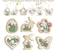 MMDOCO 24 unidades decorativas para colgar, decoración de primavera, conejo de Pascua, huevos de Pascua, mariposas, flores, decoración de Pascua, madera
