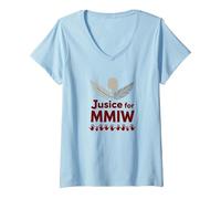 MMIW Justicia para Mujeres indígenas desaparecidas y asesinadas Camiseta Cuello V, Mujer, Azul Bebé, L