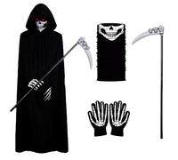 MmmLucipor Disfraz de Parca para adultos y niños, Disfraz de Grim Reaper, Disfraces de Muerte para Halloween, con Máscara, Guadaña, Guantes, Capa de Grim Reaper (adultA)