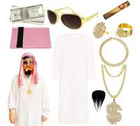 MmmLucipor Vestido de Jeque Adulto, Sheikh Disfraz Jeque Arabe Hombre Set, con Collar, Anillo, billetes falsos, Puro Falsos, Gafas y Barba, para el Carnaval Fiesta Cosplay (M)