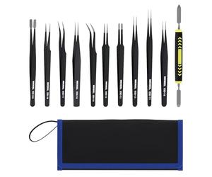 MMOBIEL 10x Pinzas Industriales de Precisión ESD Anti-Estáticas de Acero Inoxidable para Electrónica, Joyería, Ordenadores, Trabajos de Laboratorio, Manualidades y Hobbies - In spátula y Estuche