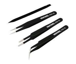 MMOBIEL 3x Pinzas Industriales de Precisión ESD Anti-Estáticas de Acero Inoxidable para Electrónica, Joyería, Ordenadores, Trabajos de Laboratorio, Manualidades y Hobbies - Incl. Planca de plástico