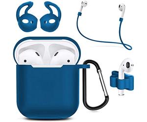 MMOBIEL Estuche de Silicona a Prueba de Golpes Compatible con AirPods 1/2 Funda Protectora Skins 6 en 1 Set con Clip para la Oreja Ganchos Correa (Azul)